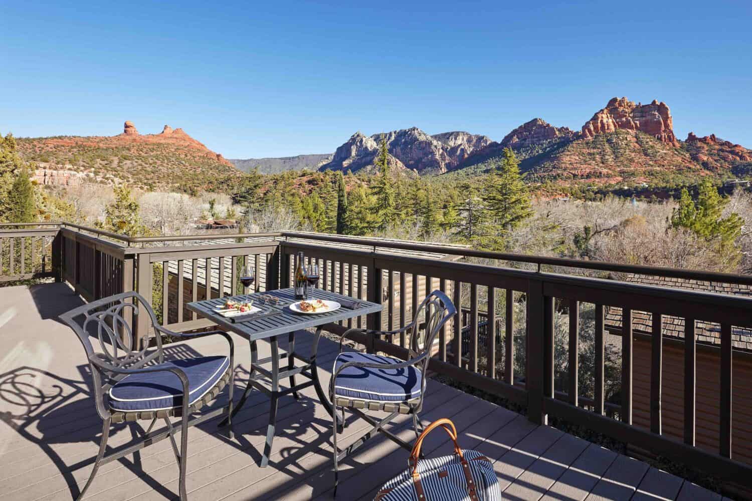 L'Auberge de Sedona bedroom deck with mountain view.