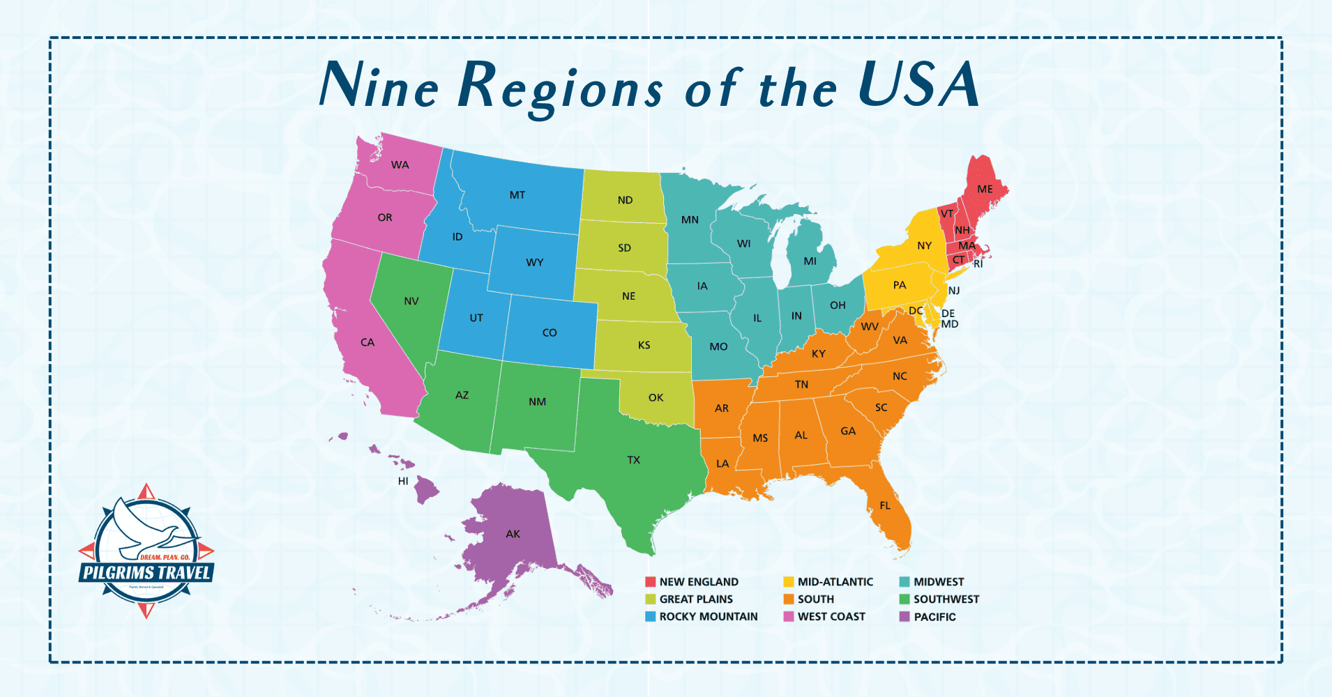 a map of the usa with nine colored regions