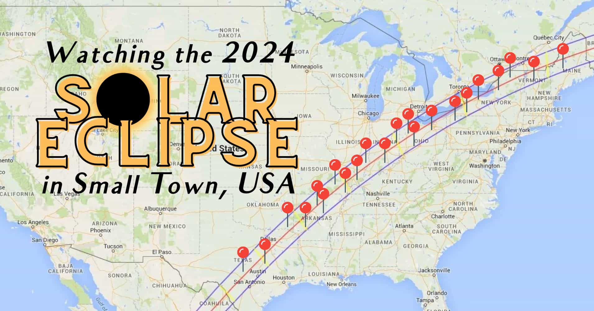 Map showing the path of the 2024 solar eclipse across the USA with marked locations, overlaid with text "watching the 2024 solar eclipse in small town viewing, USA.