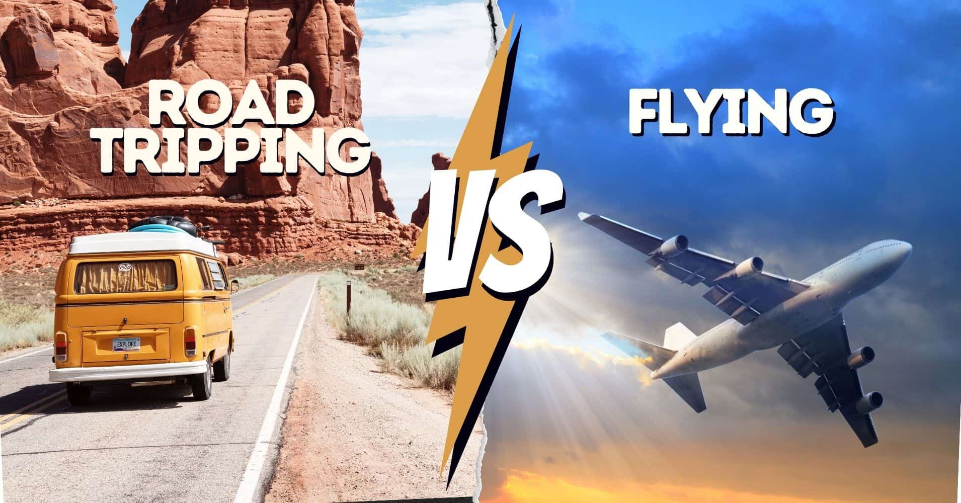 Split image comparing travel modes: a yellow van on a desert road labeled "American Travel